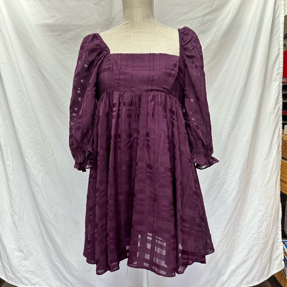 Storia Monochromatic Plaid Baby Doll Mini Purple Dress Size Small - Picture 6 of 14
